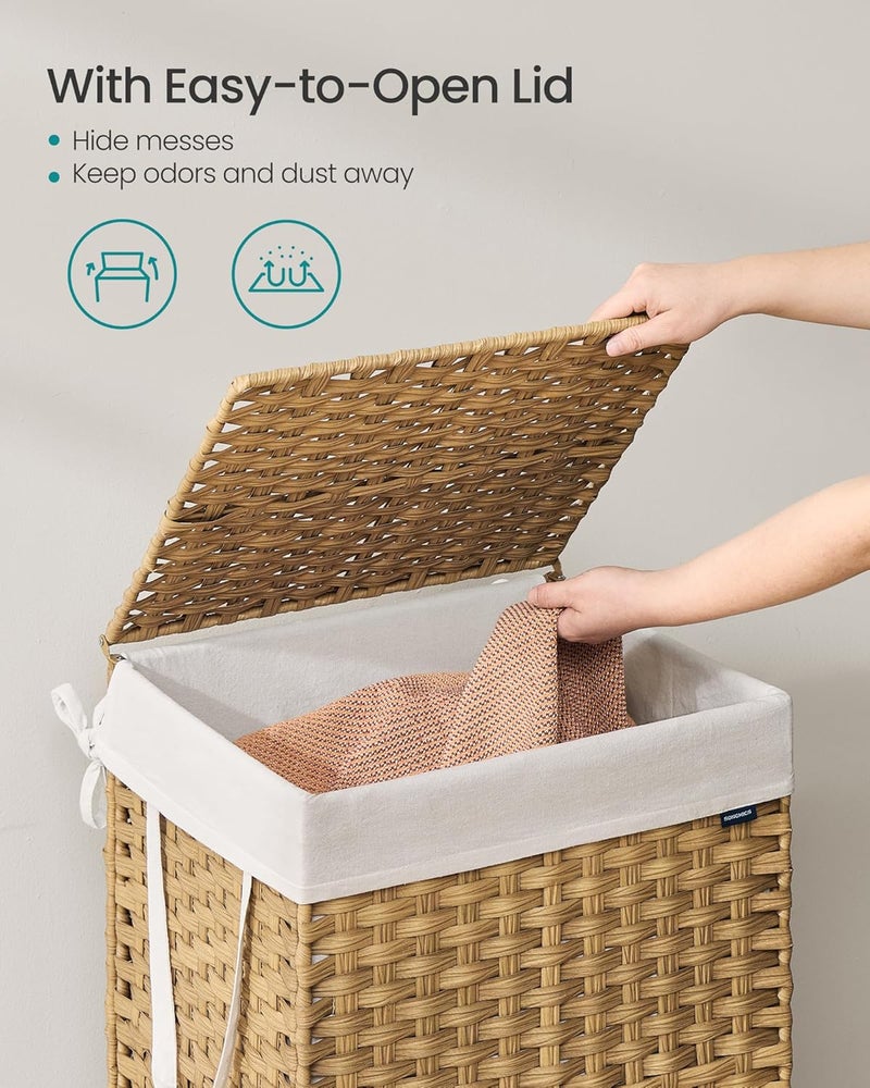 SONGMICS Laundry Hamper with Lid, 29.1 Gallon (110 L) Synthetic Rattan Clothes Laundry Basket with Lid and Handles, Foldable, Removable Liner, Natural Color - Image 3