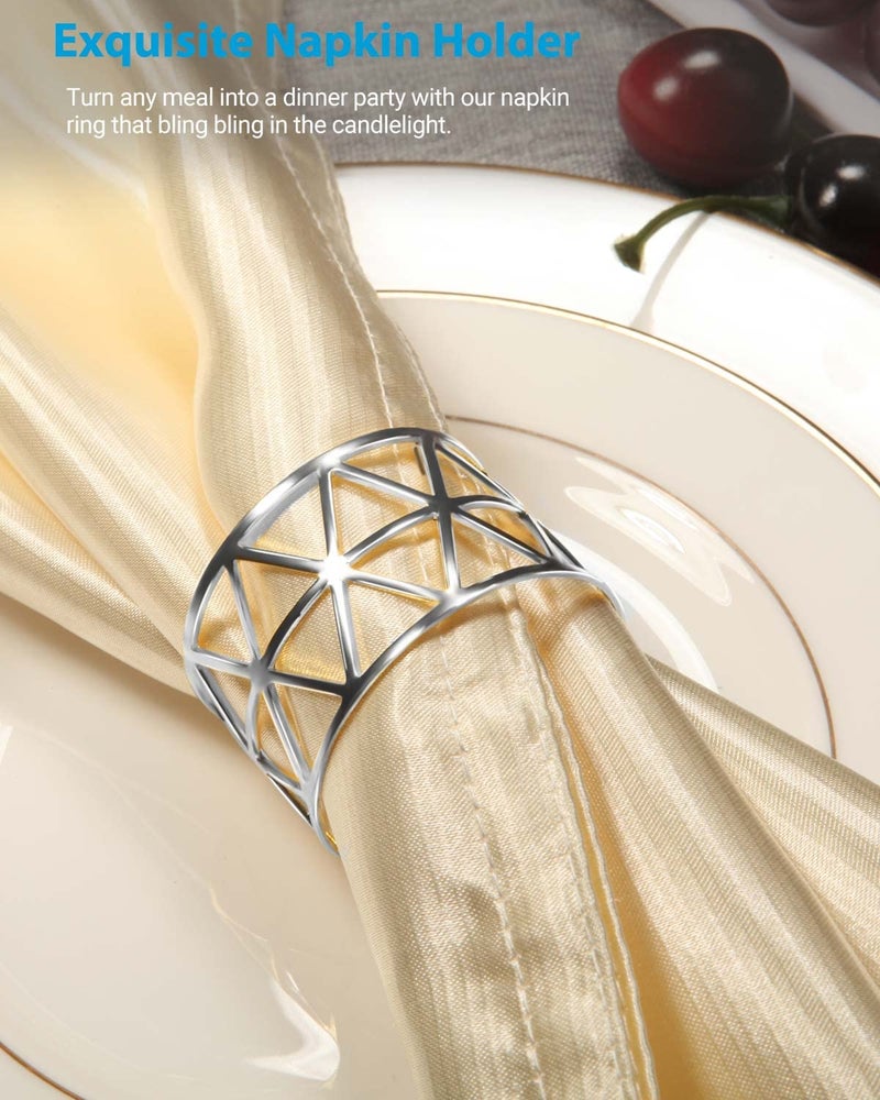 Urwoow 12 حزمة حلقات منديل حاملي Silver Color Hollow Design D؟ Cor عشاء حفل زفاف عيد الميلاد (Silver) - Image 3