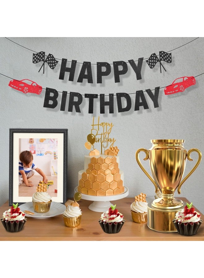 PEUTIER Pre-strung Happy Birthday Banner, Prestrung Racing Themed Black Birthday Banner Sign Boys Race Car Party Birthday Decoration for Racing Themed Birthday Party Supplies  - Image 3