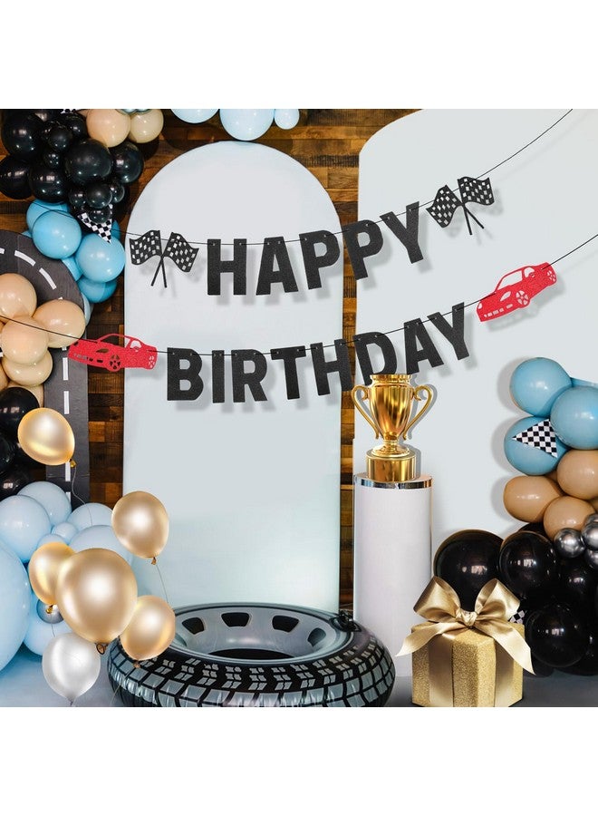 PEUTIER Pre-strung Happy Birthday Banner, Prestrung Racing Themed Black Birthday Banner Sign Boys Race Car Party Birthday Decoration for Racing Themed Birthday Party Supplies  - Image 4