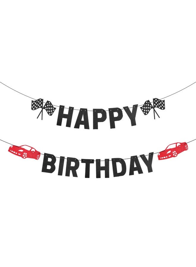 PEUTIER Pre-strung Happy Birthday Banner, Prestrung Racing Themed Black Birthday Banner Sign Boys Race Car Party Birthday Decoration for Racing Themed Birthday Party Supplies  - Image 1