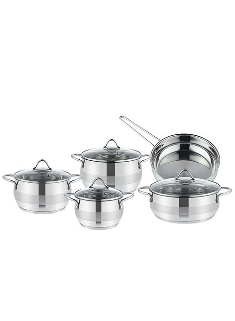 9-Piece Stainless Steel Oliver Cookware Set With 5-Layers Induction Bottom; Sizes 16, 20, 24, 24, 24CM Silver