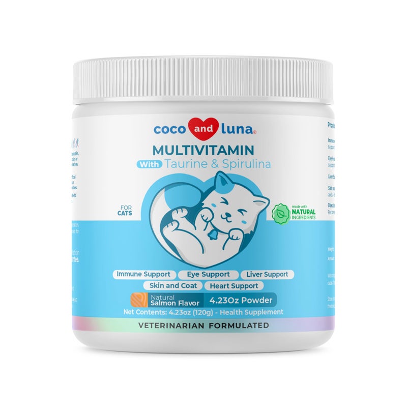 Coco and Luna Multivitamin for Cats - 4oz Powder - L-Lysine, Taurine, and Spirulina for Immune Support and Eye Health - Fish Oil & Vitamins for Skin and Heart Health. (for Cats) - Image 1