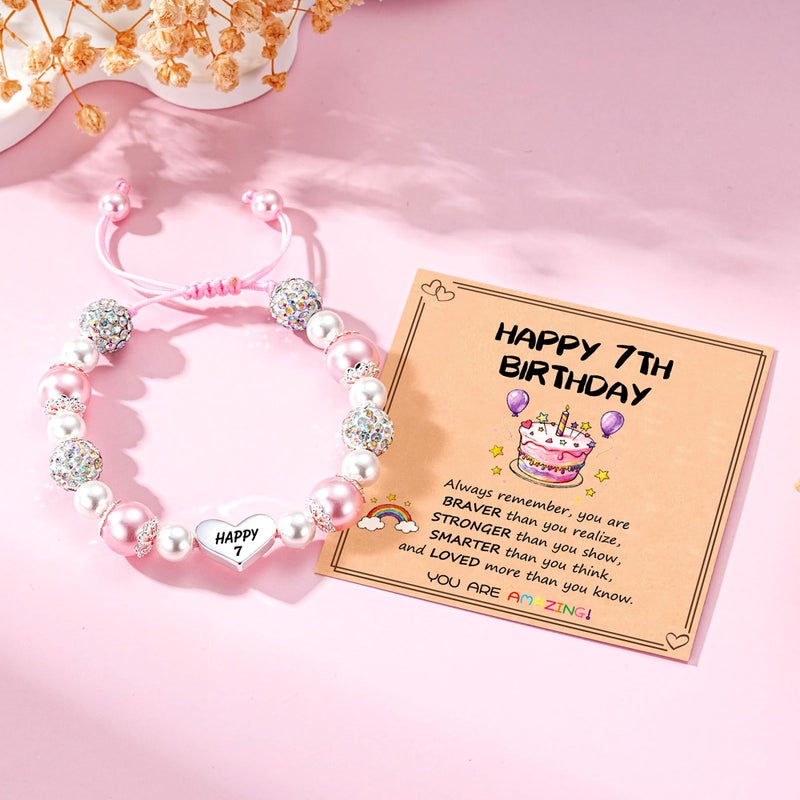 Esrial Happy 7 Year Old Birthday Gifts for Girls, Adjustable Pink Pearl Heart Beaded Bracelet for Daughter Granddaughter Niece Birthday Christmas Gifts - Image 2