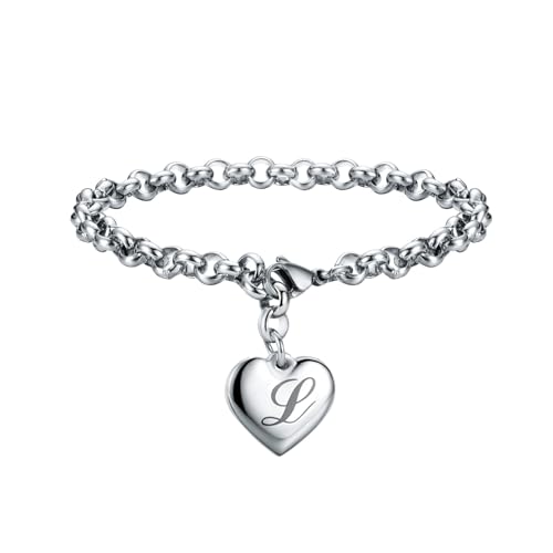 SANNYRA Charms Bracelets for Women, Heart Charm Initial Bracelet Trendy, L Letters Stainless Steel Bracelet Jewelry Confirmation Gifts for Christmas Birthday - Image 1