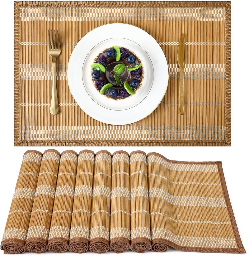 Pickmesh Bamboo Table Mats Set of 8 18 x 12 Bamboo Table Mats Set Natural AntiSlip Placemats for Dining Table Room and Kitchen - Image 1