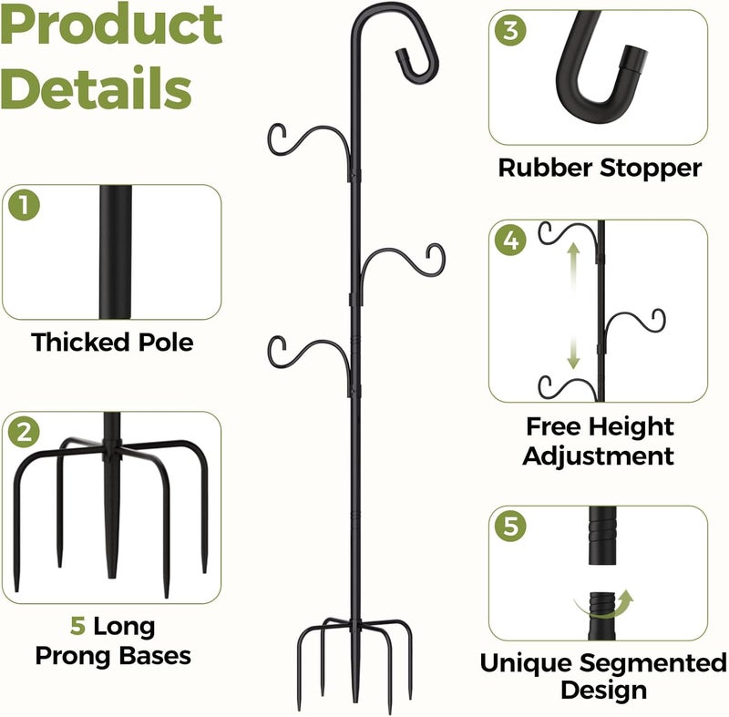 Bamworld 61 Inch Shepherds Hook for Outdoor, 5 Prong Heavy Duty Bird Feeder Pole Stand with Adjustable Hooks for Hanging Plants, Wind Chimes, Garden Decor - Image 5