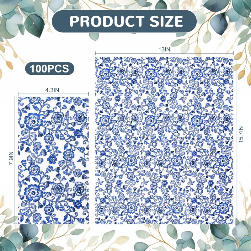 AimFun Blue Floral Guest Napkins Disposable Blue and White Hand Towels Decorative Watercolor Spring Flowers 3 Ply Paper Napkins for Bathroom Toilet Powder Room Dinner Christmas Party Supplies (100) - Image 2