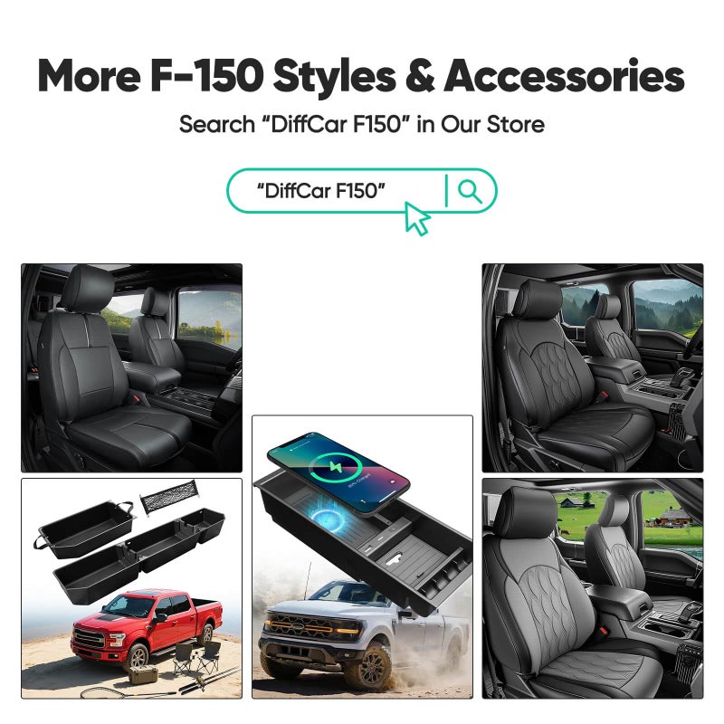 DiffCar for Ford F150 Seat Covers 2015-2023 2024 2025 2026 (Only Front Seat Covers), Leather Pickup Truck Seat Covers Custom Fit for F-150 XL XLT (Not for Regular Cab) Waterproof Car Accessories Black - Image 5