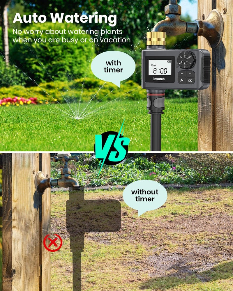 Insoma Sprinkler Timer with Brass Swivel, Programmable Water Timer for Outdoor Garden Hose, Hose Timers with Rain Delay/Manual/Auto Mode, Drip Irrigation and Lawn Watering System, 1 Outlet - Image 2