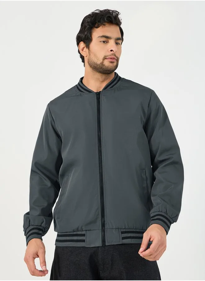 Styli Contrast Rib Detail Bomber Jacket with Welt Pockets