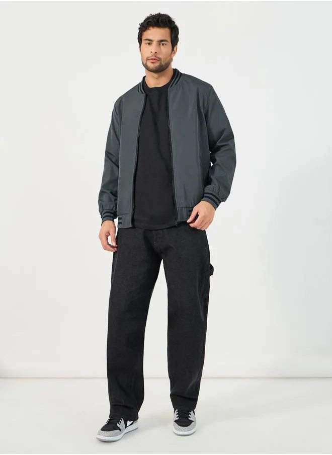 Styli Contrast Rib Detail Bomber Jacket with Welt Pockets