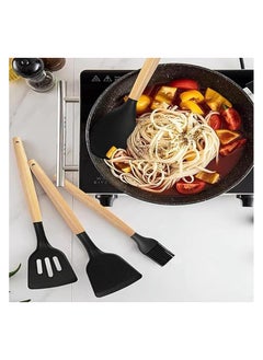 GTSOL 12-Piece Premium Silicone Kitchen Utensil Set with Wooden Handles - Heat Resistant Non-Stick Cookware Tools for Cooking & Baking (Black)  - Image 2