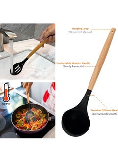GTSOL 12-Piece Premium Silicone Kitchen Utensil Set with Wooden Handles - Heat Resistant Non-Stick Cookware Tools for Cooking & Baking (Black)  - Image 4