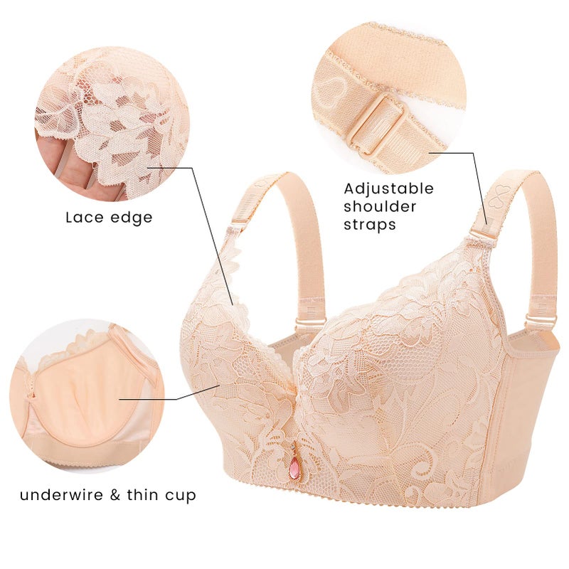 FallSweet Plus Size Lace Bra C Cup Wide Back Push Up Brassiere for Women (Beige, 36C) - Image 4