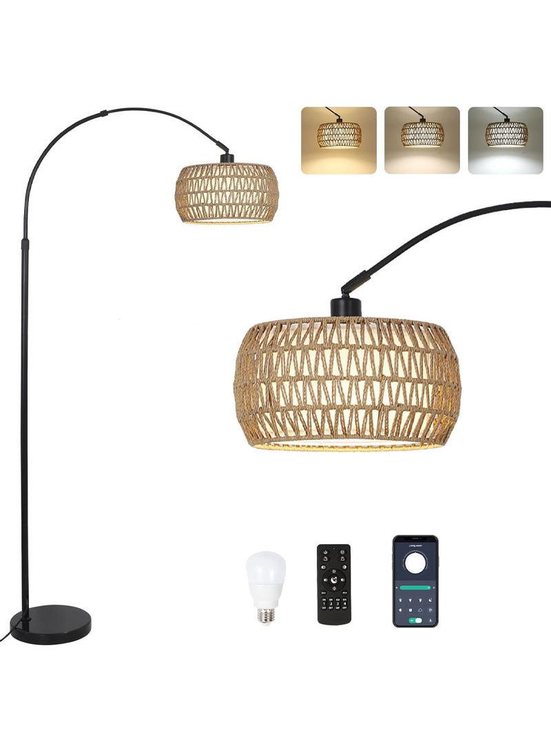 Y&D Arc Floor Lamp for Living Room, 3 Color Temperatures Farmhouse Standing Lamps with Remote & Dimmable Bulb, Rattan Boho Floor Lamp with Fabric Shades, Adjustable Tall Lamp for Bedroom Office - Image 1