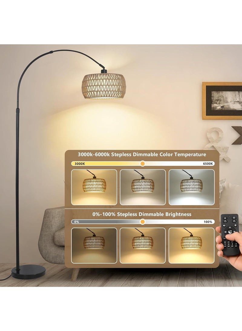 Y&D Arc Floor Lamp for Living Room, 3 Color Temperatures Farmhouse Standing Lamps with Remote & Dimmable Bulb, Rattan Boho Floor Lamp with Fabric Shades, Adjustable Tall Lamp for Bedroom Office - Image 3