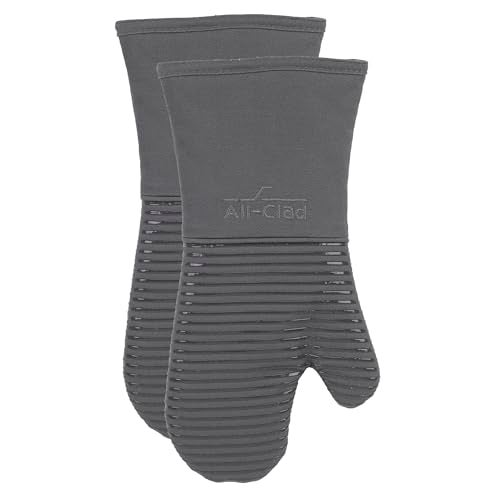 All-Clad Silicone Oven Mitts: Heat Resistant up to 500 Degrees - 100% Cotton & Silicone, 14"x7" Oven Mitt for Kitchen and Barbeque, 2-Pack, Pewter - Image 1