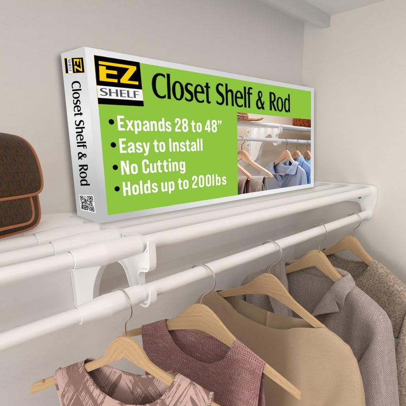 EZ SHELF Closet Shelf with Hanging Rod  2848 Expandable White Closet Shelves  Strong Holds 200 lbs  DIY Easy Install to 2 Side Walls  Alternative to Wire Shelving