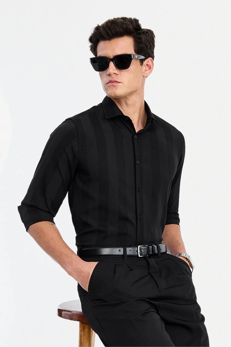 سنيتش Black Textured Long Sleeve Slim Fit Shirt