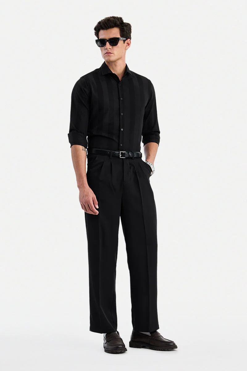 سنيتش Black Textured Long Sleeve Slim Fit Shirt