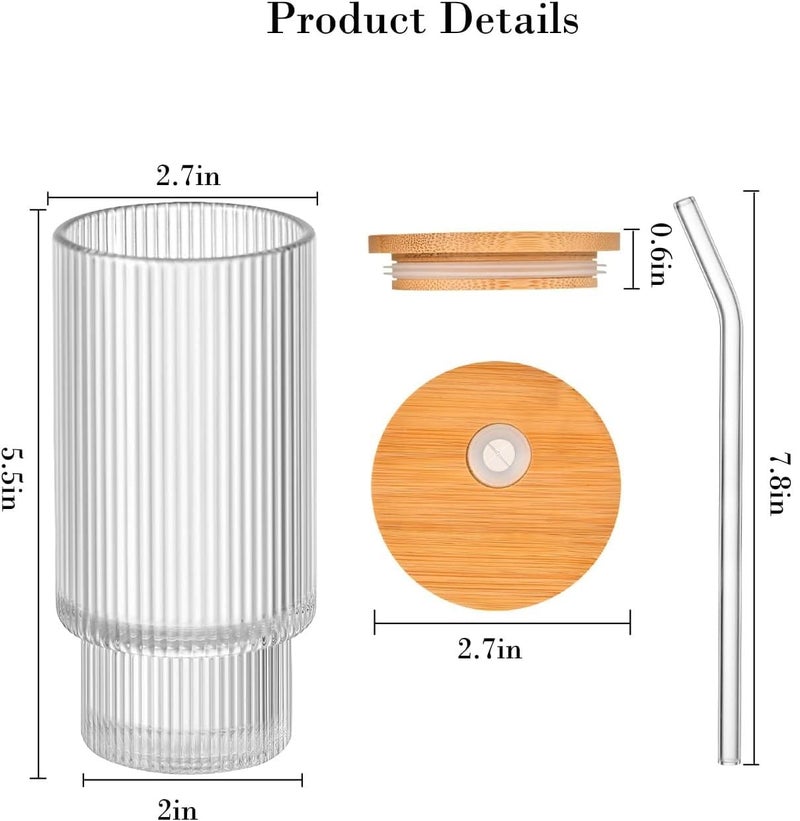 TADRUP Glass Cups 500 ml Ribbed Glassware with Bamboo Lids and Glass Straws Vintage Drinking Glasses for Whiskey Cocktail Beer Iced Coffee Cups for Cute Gifts Pack of 1 - Image 3