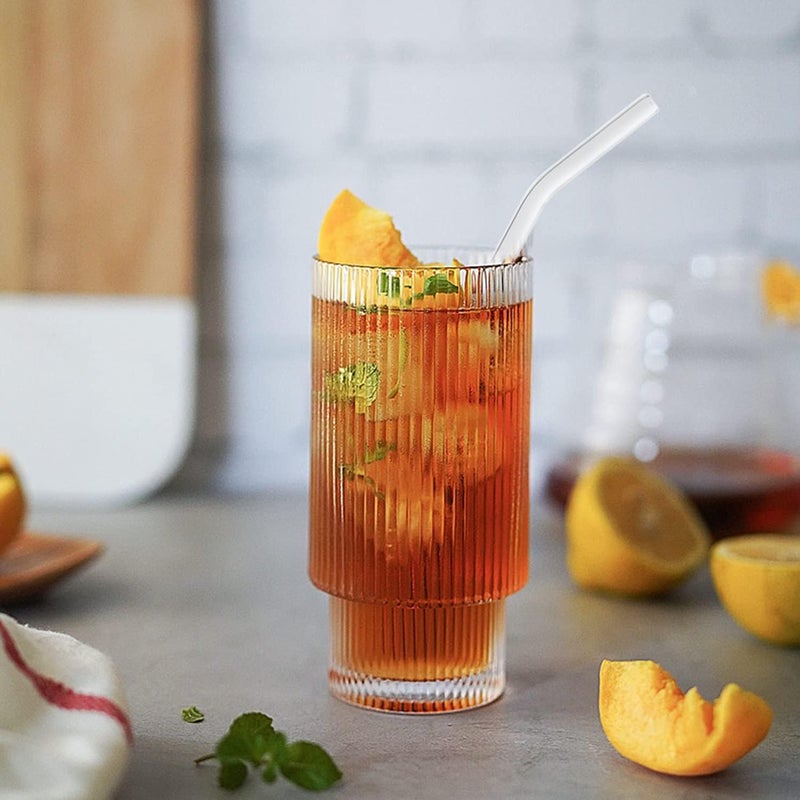 TADRUP Glass Cups 500 ml Ribbed Glassware with Bamboo Lids and Glass Straws Vintage Drinking Glasses for Whiskey Cocktail Beer Iced Coffee Cups for Cute Gifts Pack of 1 - Image 2