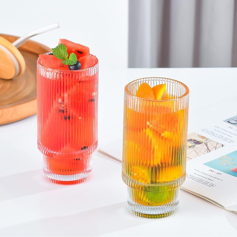 TADRUP Glass Cups 500 ml Ribbed Glassware with Bamboo Lids and Glass Straws Vintage Drinking Glasses for Whiskey Cocktail Beer Iced Coffee Cups for Cute Gifts Pack of 1 - Image 5