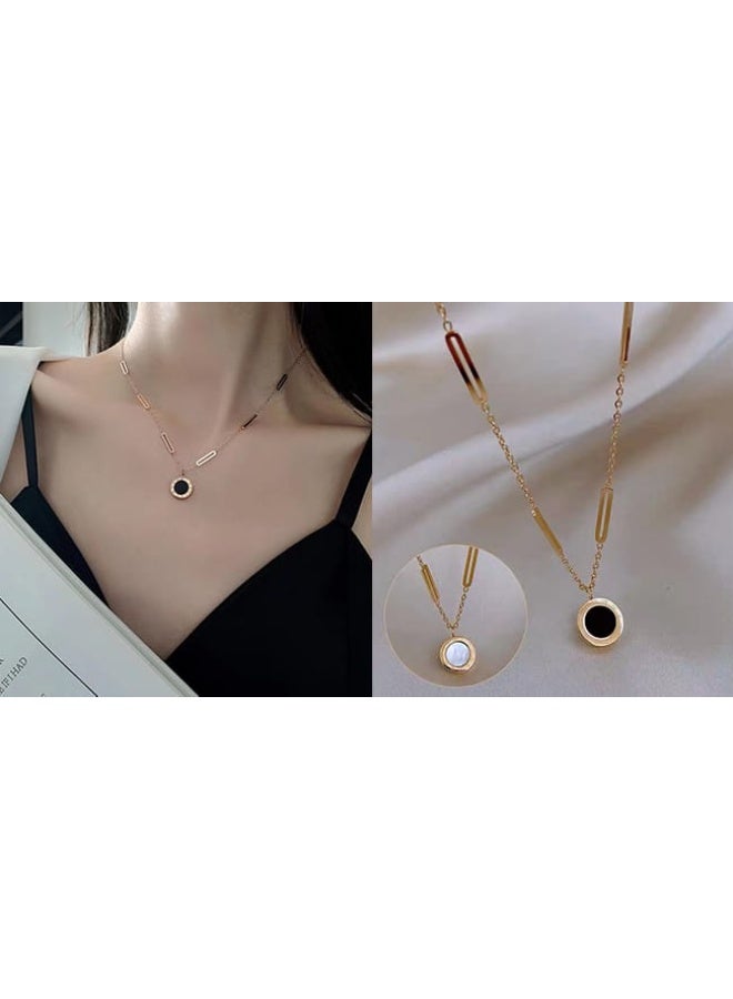 Luxuria 18k gold plated stainless steel double-sided black and white pendant with a large paper clip chain and Roman numerals - Women's Jewelry - Image 3