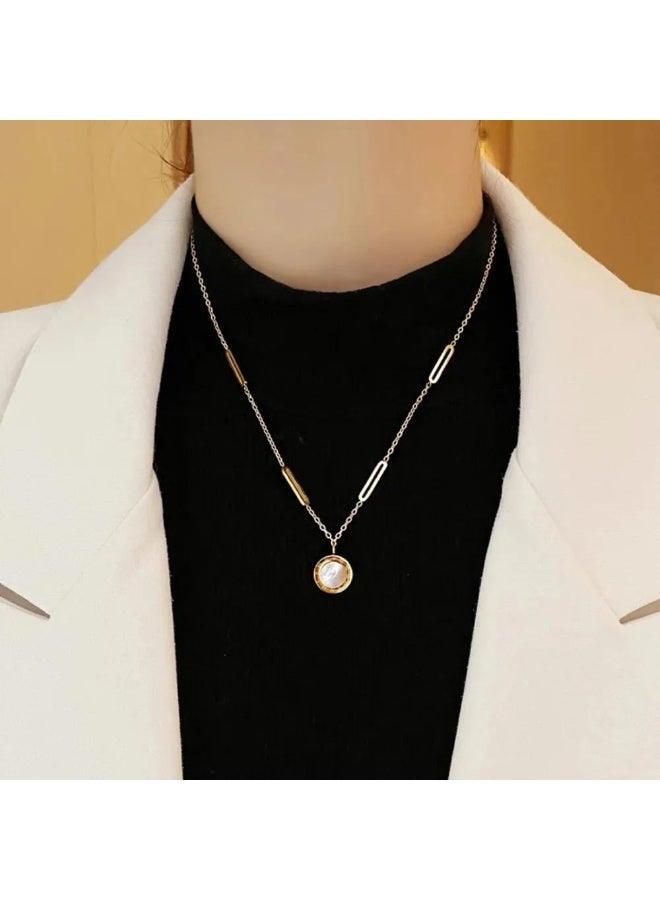 Luxuria 18k gold plated stainless steel double-sided black and white pendant with a large paper clip chain and Roman numerals - Women's Jewelry - Image 4