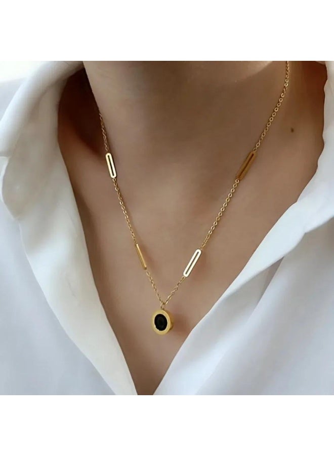 Luxuria 18k gold plated stainless steel double-sided black and white pendant with a large paper clip chain and Roman numerals - Women's Jewelry - Image 5