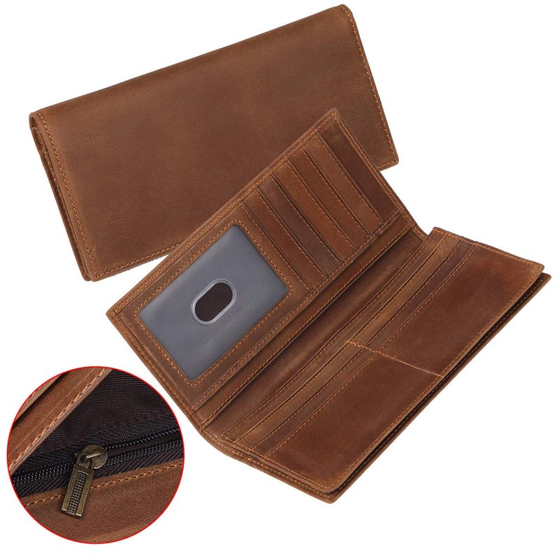 JEEBURYEE Men's Vintage Genuine Leather Long Bifold Wallet RFID Blocking Credit Card Holder Checkbook Wallet Brown - Image 5