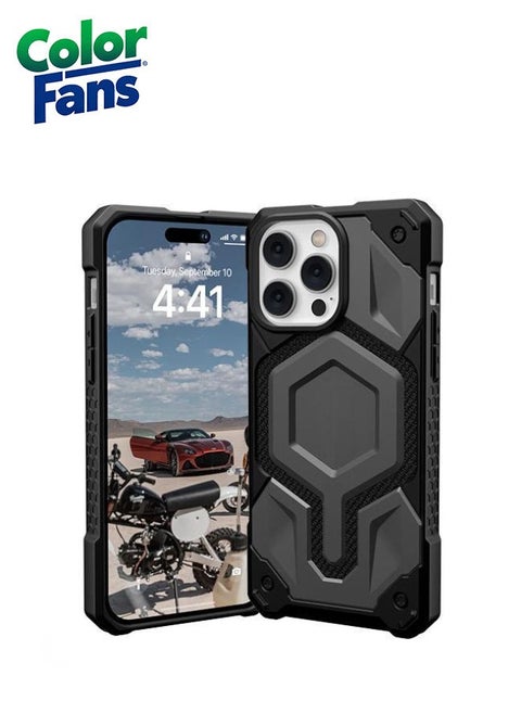 Apple iPhone 14 Pro Max Case, Monarch Pro Kevlar Built-in Magnet Compatible with Magnet Charging Premium Rugged Dropproof Protective Cover - Silver
