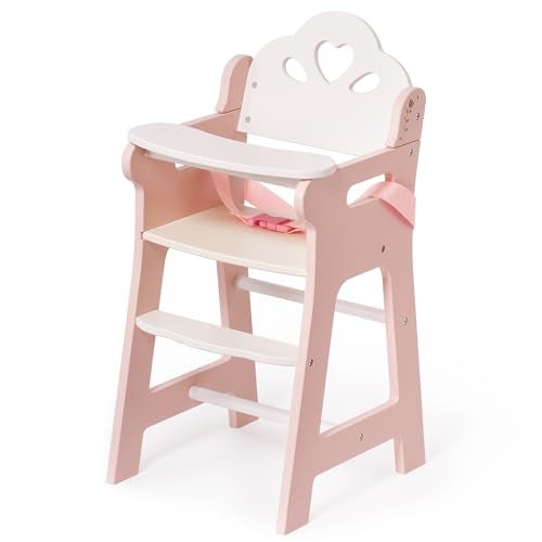 ROBUD Baby Doll High Chair Pretend Play High Chair with Seat Belt Pink Wooden Baby Doll Accessories with Movable Tabletop Fits 1820 Inch Dolls - Image 5