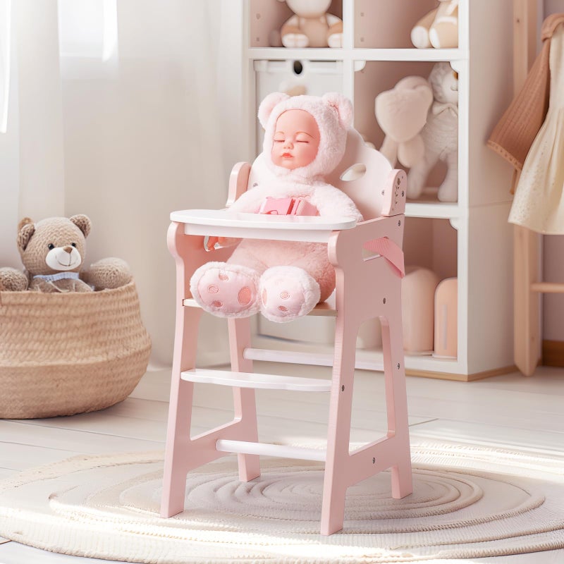 ROBUD Baby Doll High Chair Pretend Play High Chair with Seat Belt Pink Wooden Baby Doll Accessories with Movable Tabletop Fits 1820 Inch Dolls - Image 3