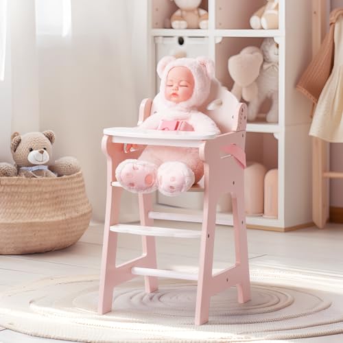 ROBUD Baby Doll High Chair Pretend Play High Chair with Seat Belt Pink Wooden Baby Doll Accessories with Movable Tabletop Fits 1820 Inch Dolls - Image 1