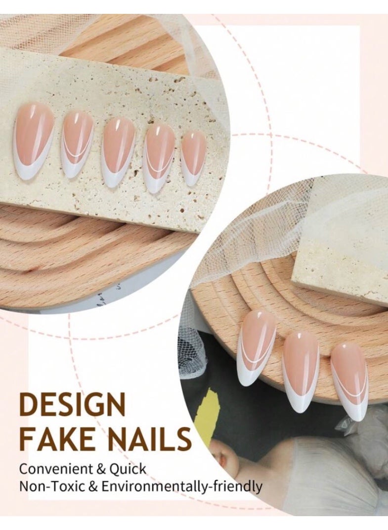 Tuline 24pcs Medium Almond White French Press-On Manicure Set, Minimalist Style Artificial Nails, Line Art Design, Glossy Full Coverage Fake Nails, Suitable For Women And Girls Nail Care Nail Supplies - Image 2