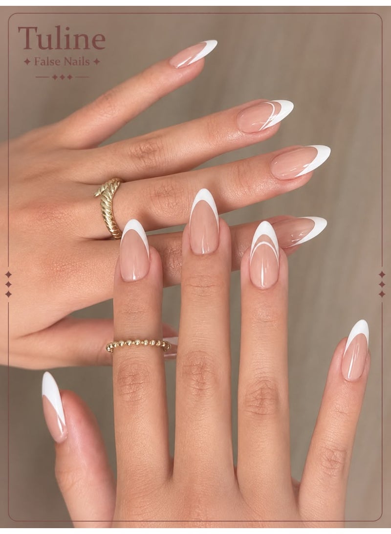 Tuline 24pcs Medium Almond White French Press-On Manicure Set, Minimalist Style Artificial Nails, Line Art Design, Glossy Full Coverage Fake Nails, Suitable For Women And Girls Nail Care Nail Supplies - Image 1