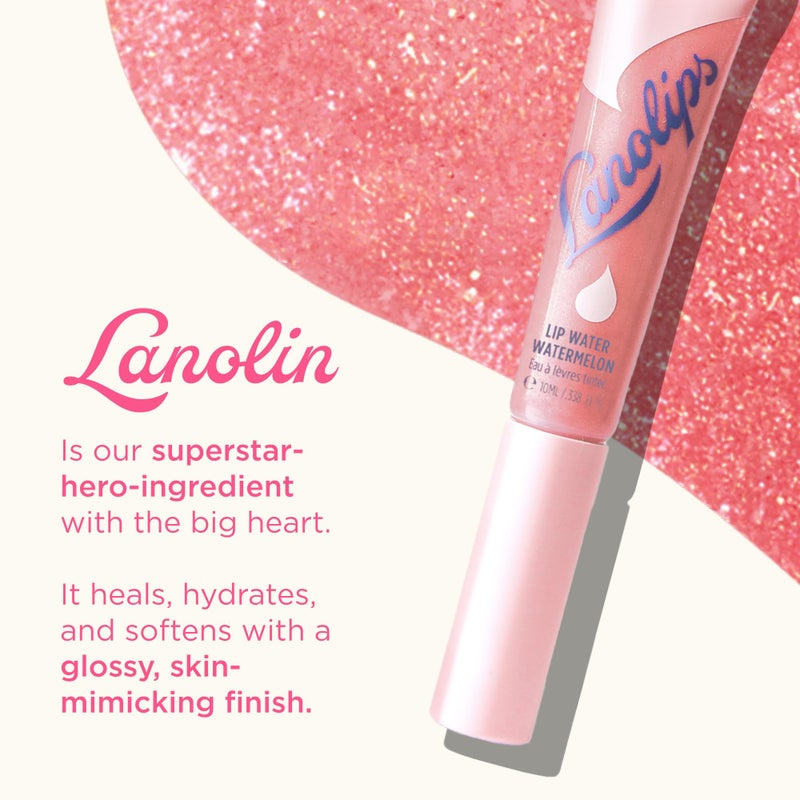 Lanolips Lanolin Lip Water Watermelon - Clear Gloss Serum - Hyaluronic Acid Lip Balm and Shimmer for a Hydrated Glow - Lanolin Oil Moisturizer for Dry, Cracked Skin (10ml / 0.34 fl oz) - Image 4