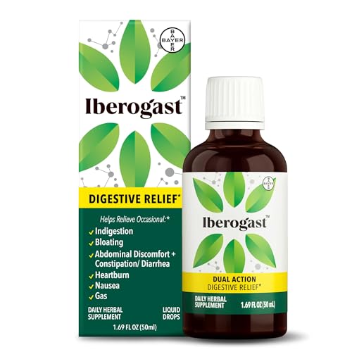 Iberogast Liquid Drops Herbal Relief of Stomach Upsets Occasional Indigestion Bloating Gas Nausea Upset Stomach Gluten Free 6Herb Blend with Iberis Amara Peppermint Licorice 50mL