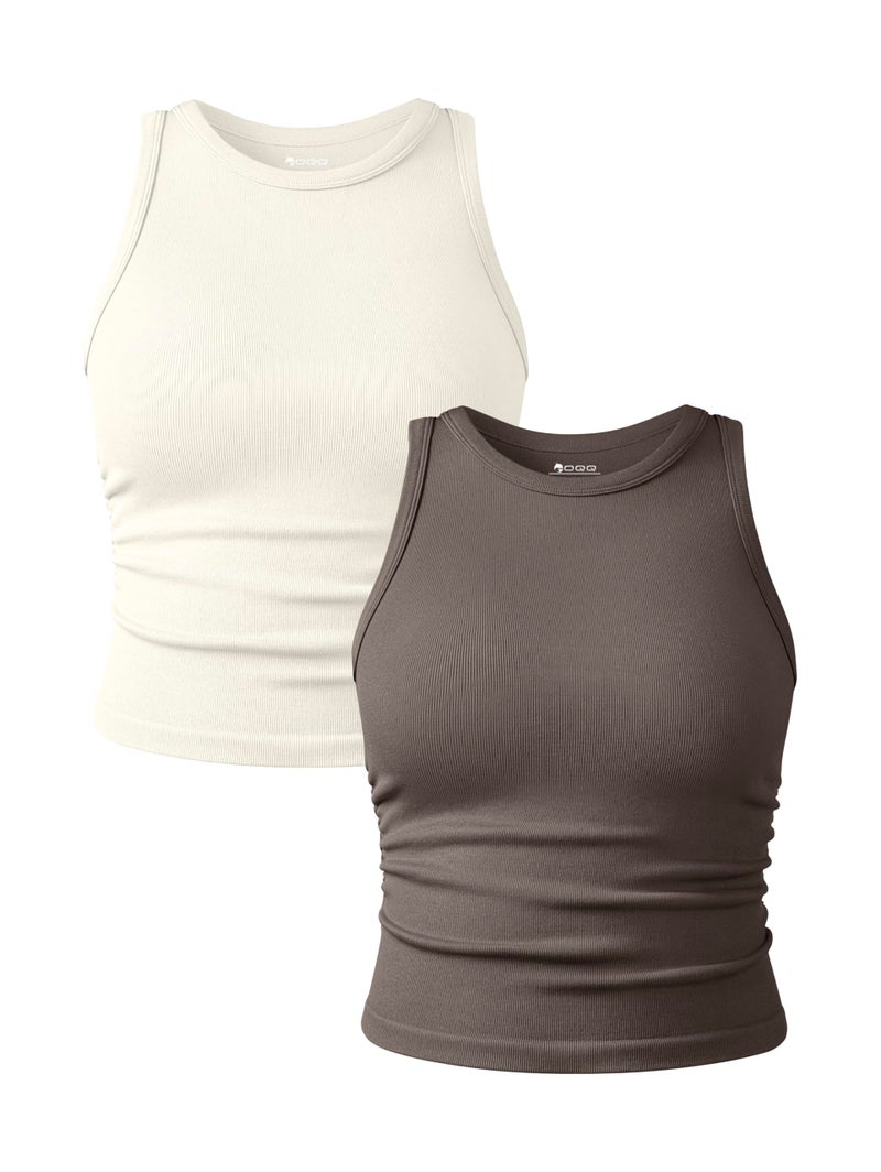 OQQ Women's 2 Piece Tank Tops Crew Neck Sleeveless Basic Stretch Casusal Yoga Crop Camis Tea Leaf Beige - Image 1
