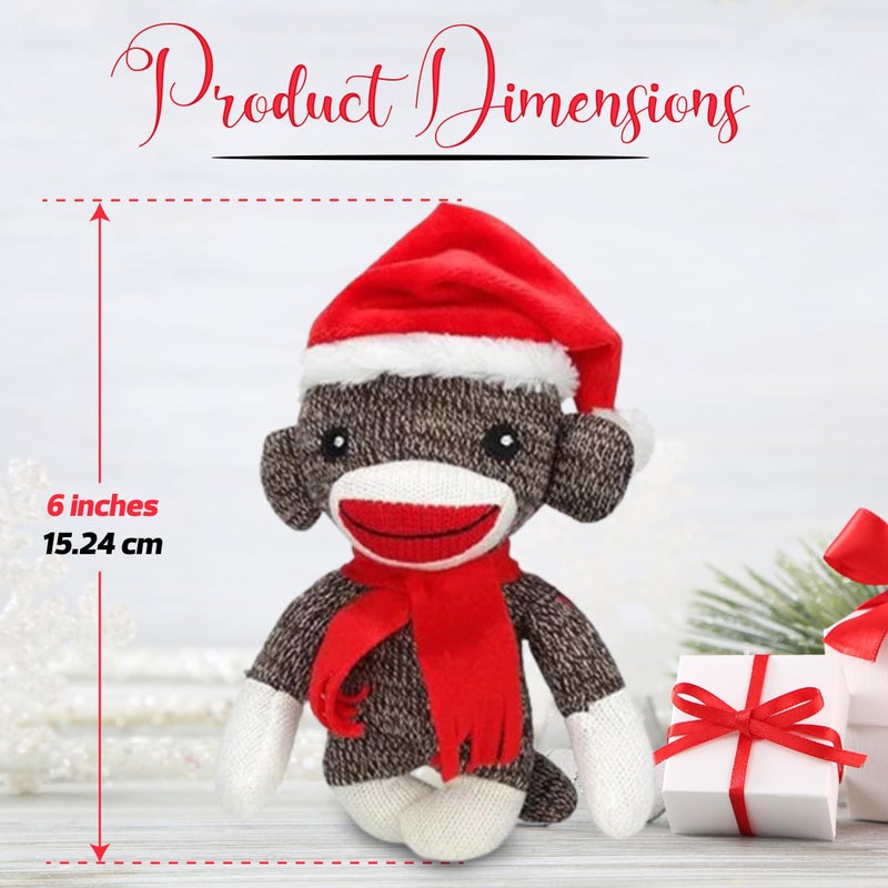 Plushland Sockiez Sockiez Sock Monkey 6 بوصات مع قبعة سانتا - حيوانات محشوة أفضل هدية عيد الميلاد للأطفال الفتيات في هذه العطلة (عيد الميلاد) - Image 4