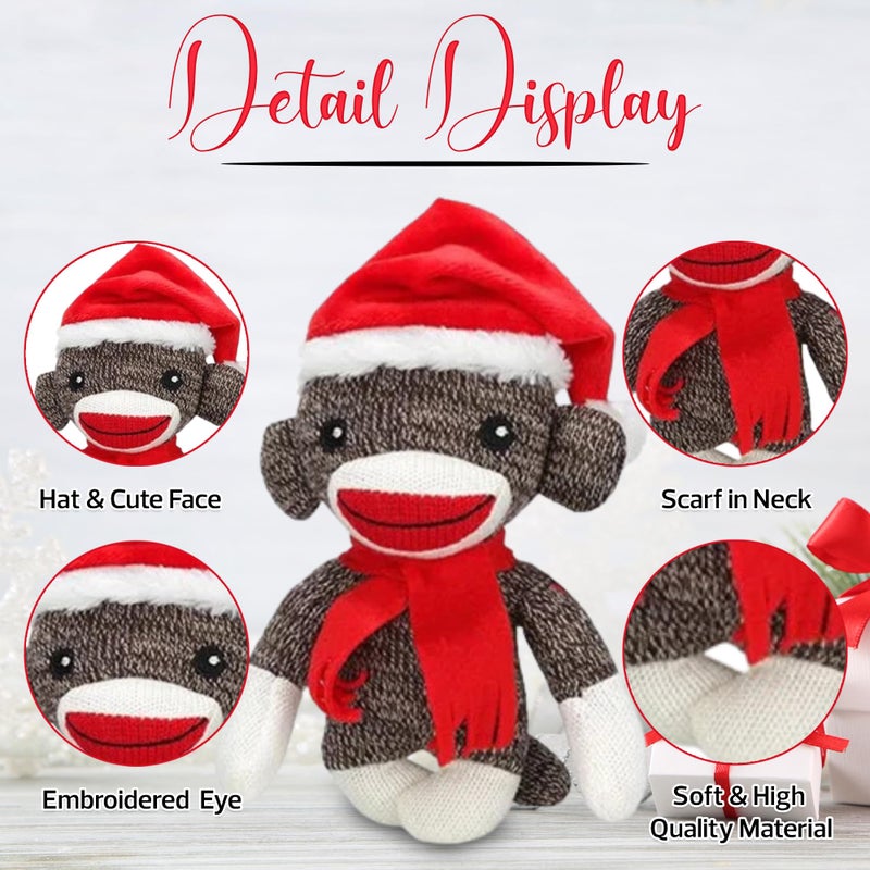 Plushland Sockiez Sockiez Sock Monkey 6 بوصات مع قبعة سانتا - حيوانات محشوة أفضل هدية عيد الميلاد للأطفال الفتيات في هذه العطلة (عيد الميلاد) - Image 5