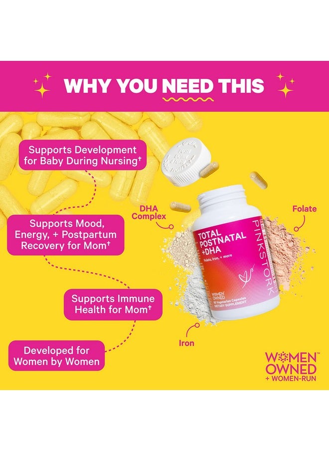 Pink Stork - Total Postnatal With Omega 3 Dha Postpartum Essentials Multivitamin With Folate Iron & B Complex Postnatal Vitamins For Breastfeeding Moms 60 Capsules 1 Month Supply - Image 1