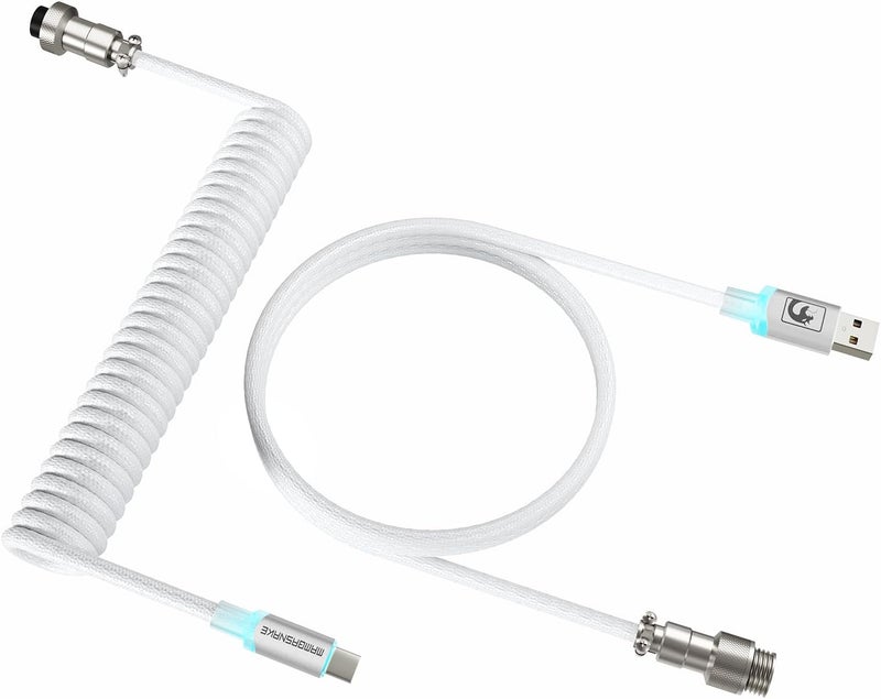 MAMBASNAKE كابل MAMBASNAKE الملفوف من نوع USB C لوحة مفاتيح الألعاب مع إضاءة RGB، مضفر من النايلون مع قابس طيران معدني 4 دبابيس قابل للفصل، نوع C فائق السرعة بمعدل عودة 8 كيلوهرتز، طول 4.92 قدم (C01 ULTIMATE/أبيض) - Image 1