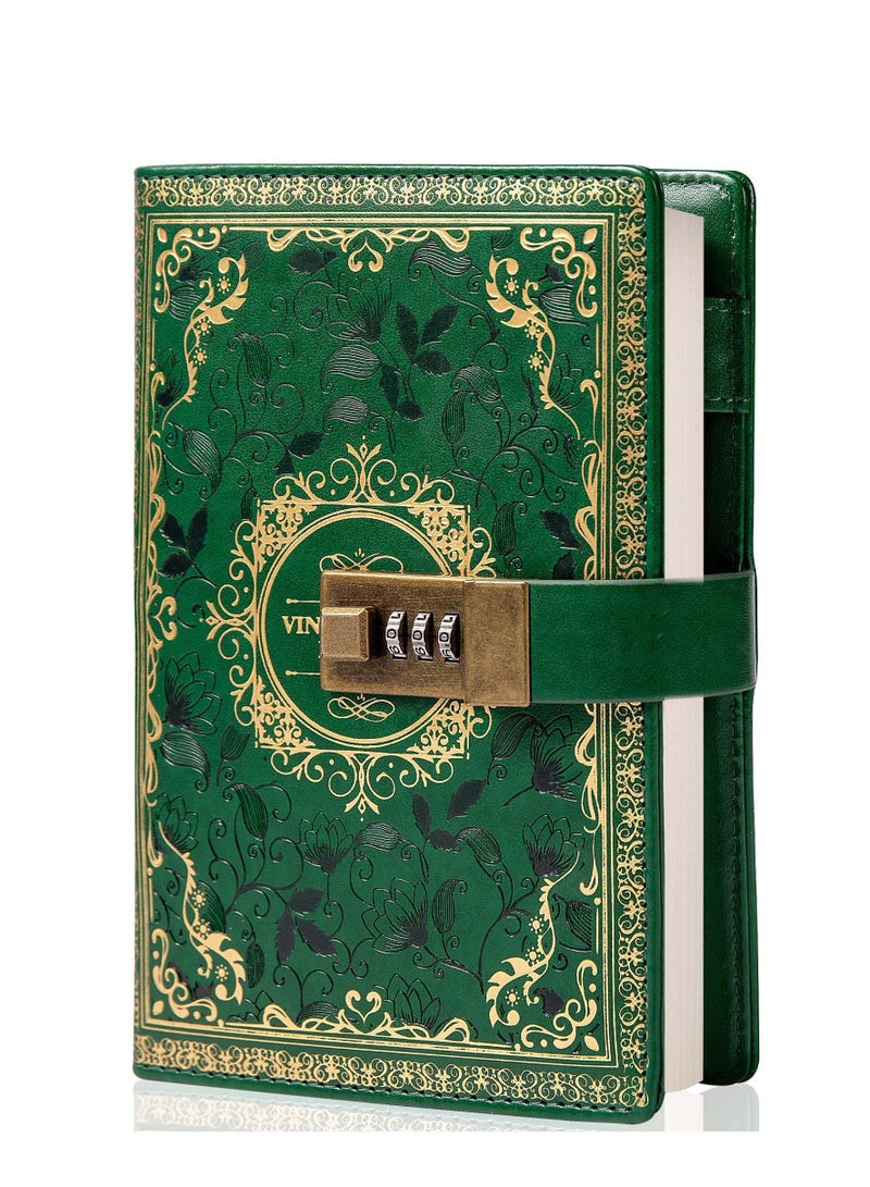 Green Vintage Leather Journal with Combination Lock, B6 Embossed Floral Secret Diary, Ruled Lined Paper for Writing - Ideal Gift for Women, Girls, Kids - Image 1