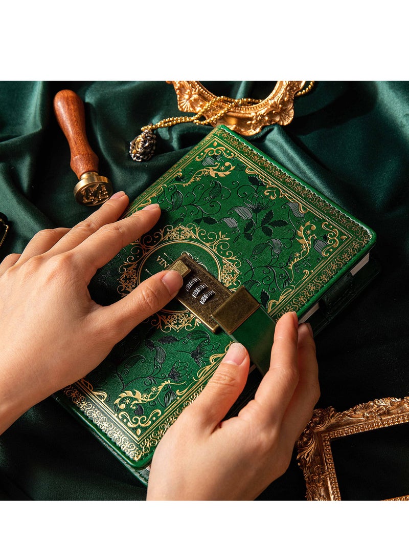 Green Vintage Leather Journal with Combination Lock, B6 Embossed Floral Secret Diary, Ruled Lined Paper for Writing - Ideal Gift for Women, Girls, Kids - Image 4