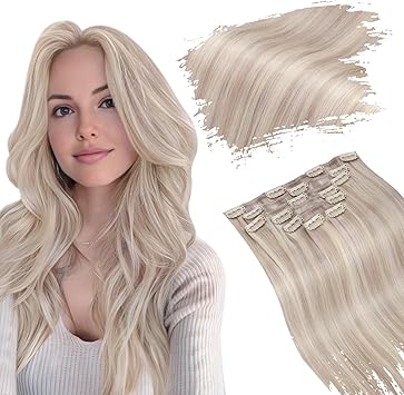 Ugeat Clip in Hair Extensions Real Human Hair 18 Inch Clip in Human Hair Extensions for Women Real Hair Clip in Extensions Straight 120Gram Ash Blonde Highlight Bleach Blonde 18613 - Image 1