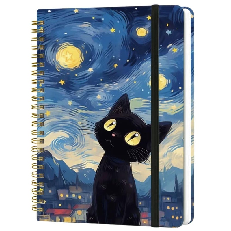 Yoiilifee Spiral Notebook - A5 Spiral Notebooks, 8.3'' × 5.8'', 160 Pages, Aesthetic Journaling Notebooks for Women, College Lined Notebook with Elastic Closure, Back Pocket, for School Office, Cat Sky - Image 1