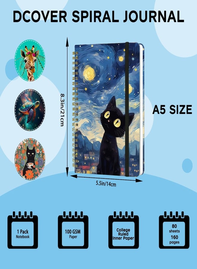 Yoiilifee Spiral Notebook - A5 Spiral Notebooks, 8.3'' × 5.8'', 160 Pages, Aesthetic Journaling Notebooks for Women, College Lined Notebook with Elastic Closure, Back Pocket, for School Office, Cat Sky - Image 2